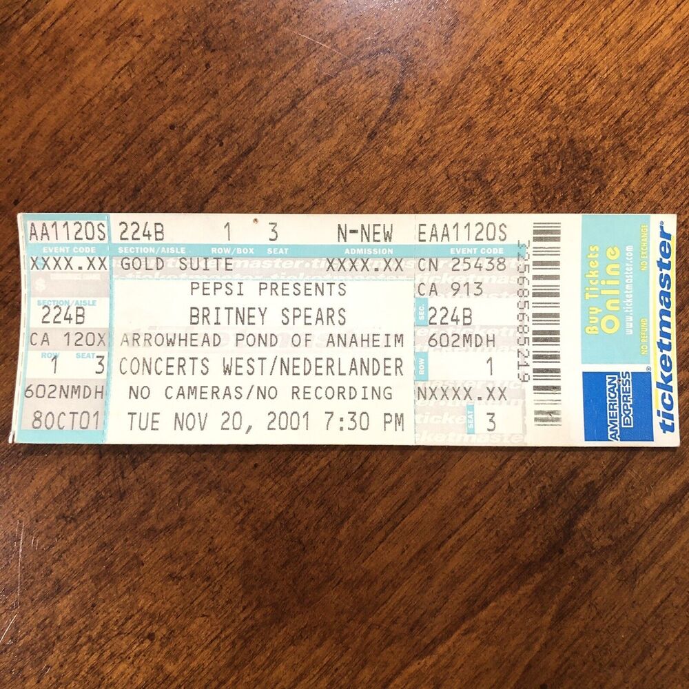 2001 Britney Spears Unused Concert Ticket Arrowhead Pond 11/20/01 Stub Pepsi